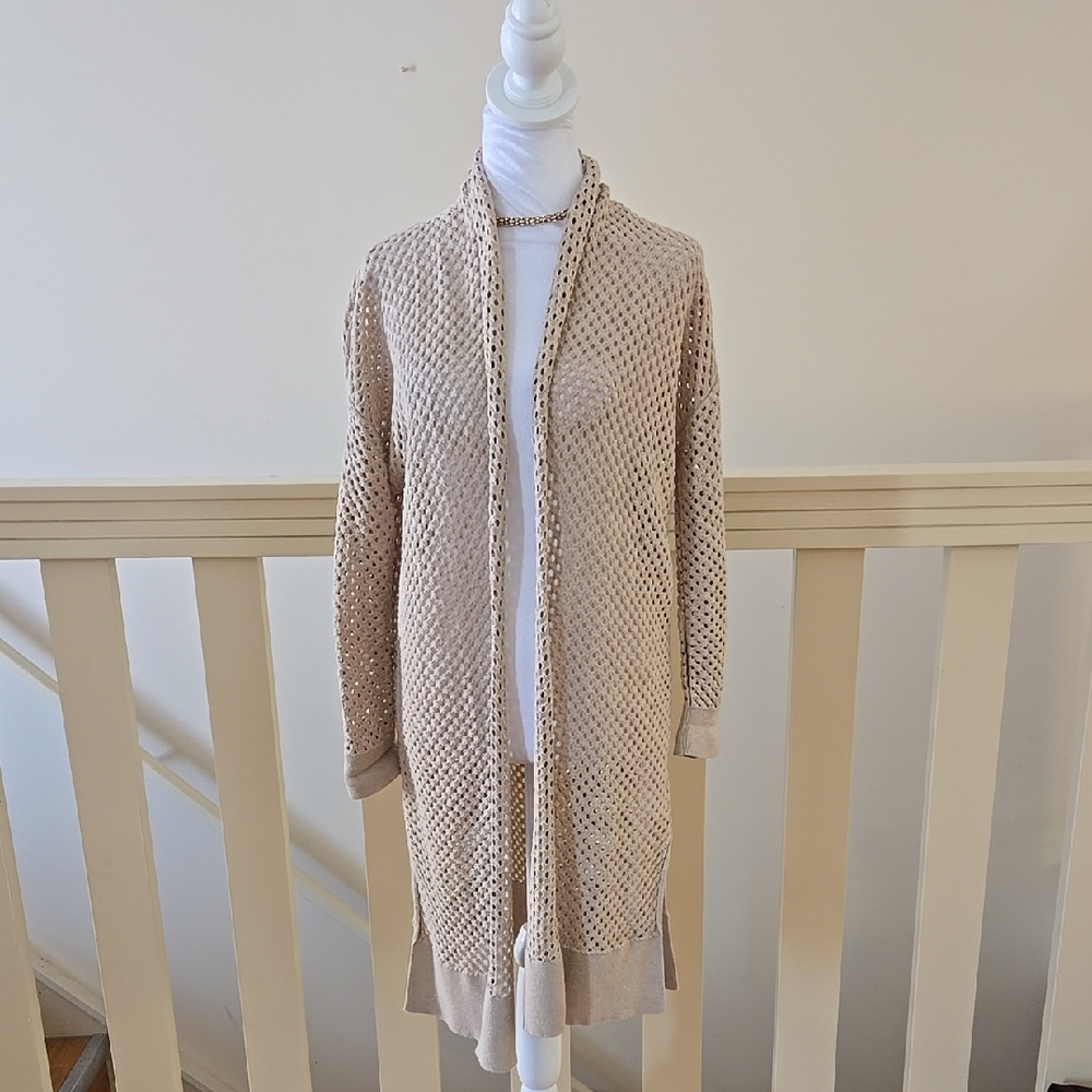 Open-Knit Long Cardigan Sweater in Beige